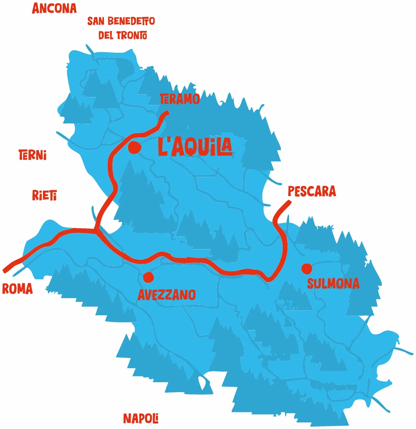 Mappa delle connessioni per L'Aquila: Roma, Pescara, Teramo, Terni, Rieti, Avezzano, Sulmona, Napoli, Ancona, San Benedetto del Tronto